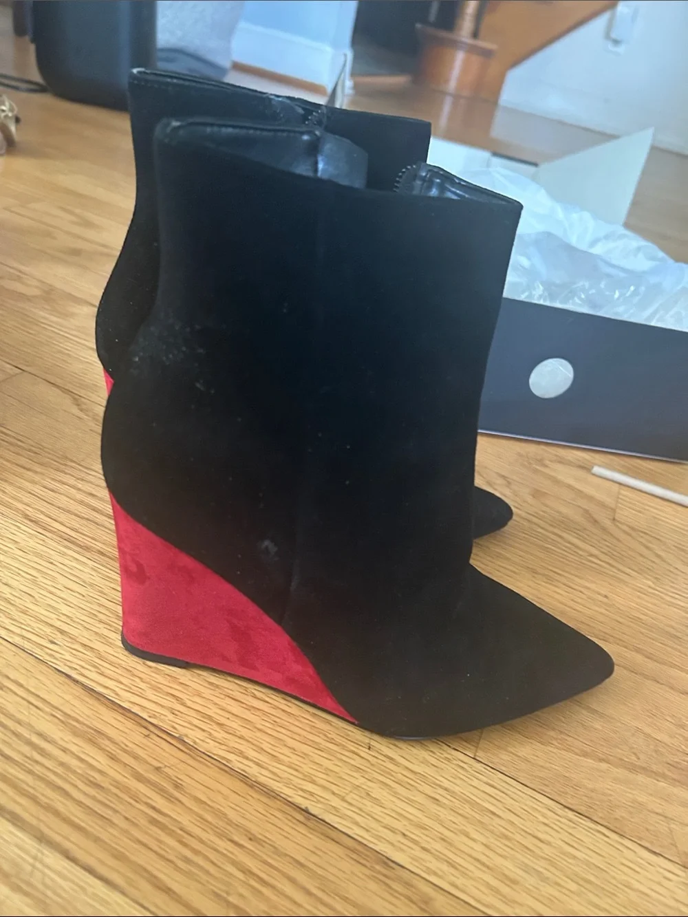 Nine West Black Suede Wedge Ankle Boots with Red Suede Heel